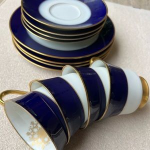 6 Heinrich Echt Kobalt Gold Medallion Bavaria Tea Cups, Saucers & Dessert Plates